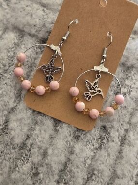 Pink Beaded Hummingbird Hoop Earrings - Women's Jewelry